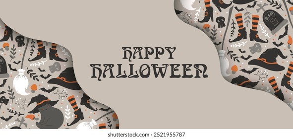 Happy Halloween vector illustration with cute cats, witch hats, shoes, bats and skulls pattern isolated on grey background. Design for card, poster, advertising, invitation, banner