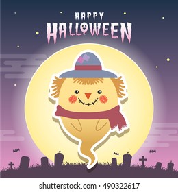 Happy halloween vector illustration. Cute ghost with scarecrow cosplay and cemetery. Halloween cartoon character design.