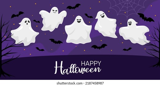 Happy Halloween. Vector illustration design template for banner or poster. Halloween concept with bats and ghosts.