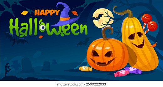 Happy Halloween vector illustration design template with carved pumpkins, colorful candies, witch's hat in a spooky full moon night with bats flying. Colorful concept for festive branding and design