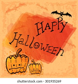 Happy Halloween vector illustration, doodles and watercolor imitation, Grunge gift card