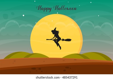 Happy Halloween. Vector illustration, eps10. Flying witch with moon background.