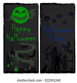 Happy Halloween vector illustration in freehand with zombie, skeleton, bat, cemetery, green moon, pumpkins, black cat. Party stickers, banners. Post card.