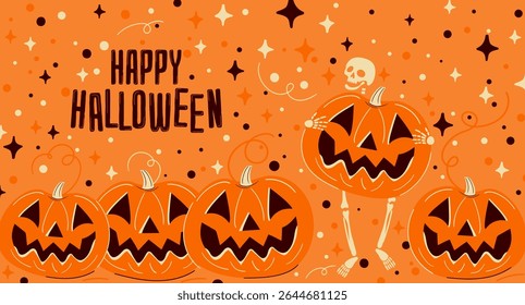 Happy Halloween vector illustration. A funny skeleton holds a large jack-o-lantern head. Festive orange background with a row of pumpkins, stars and doodles. Spooky and playful holiday design.