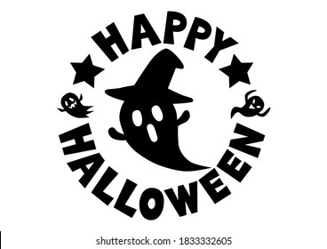 Feliz Halloween. Ilustración vectorial del fantasma. Icono, logotipo, cartel. Blanco y negro. 