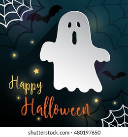 Happy Halloween Vector Illustration. With Ghost, bats and spider web in dark blue background. design for website banner halloween festival, invitation halloween card and decorate artwork
