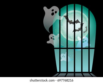 A Happy Halloween vector illustration with ghosts, bats, and a full moon. 