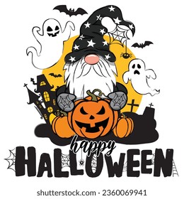 Happy Halloween vector illustration with gnome, ghosts, bats, castle, pumpkin Jack and spider web. Funny Halloween gnome design isolated.