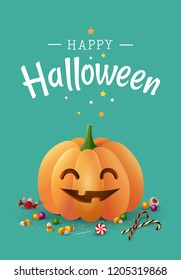 Happy Halloween vector illustration greeting card with smiling cute orange pumpkin and candies around it