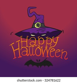 Happy Halloween Vector Illustration. Hand Lettered Text with Haunted Hat and Bat on a purple background.