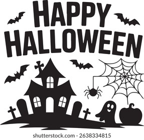 Happy Halloween Vector Illustration with Haunted House and Spooky Elements