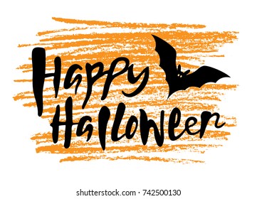 Happy Halloween vector illustration. Holiday calligraphy with bat for badge, icon, banner, poster, greeting card, party invitation. Hand lettering. Text background. Calligraphic design.