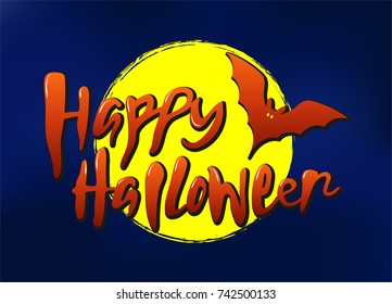 Happy Halloween vector illustration. Holiday calligraphy with bat for badge, icon, banner, poster, greeting card, party invitation. Hand lettering. Text background. Calligraphic design.