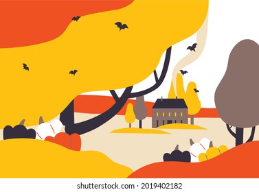 Happy Halloween vector illustration. House, pumpkin, bats, decorate for Halloween home backyard and autumn landscape on background. Stylized autumn forest and mysterious house on background.