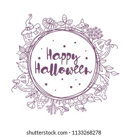 Happy Halloween. Vector illustration, invitation. Beautiful postcard with pumpkins. Wreath of flowers, mushrooms, leaves and pumpkins.