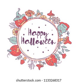 Happy Halloween. Vector illustration, invitation. Beautiful postcard with a wreath of orange pumpkins, mushrooms, flowers, leaves, branches and Frankenstein a head.