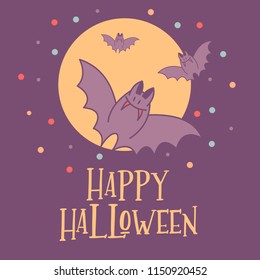 Happy Halloween. Vector illustration. The invitation to the party. Bats fly in the night sky against the yellow moon.
