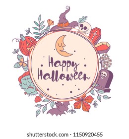 Happy Halloween. Vector illustration. The invitation to the party. A wreath of autumn leaves, gravestones, Frankenstein's head, scary pumpkins, Ghost, skull and hat.