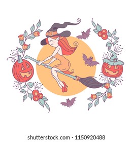 Happy Halloween. Vector illustration. The invitation to the party. A witch in a hat flying on a broom. A wreath of scary pumpkins, autumn herbs, mushrooms, berries and leaves.