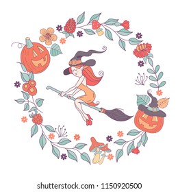 Happy Halloween. Vector illustration. The invitation to the party. A witch in a hat flying on a broom. A wreath of scary pumpkins, autumn herbs, mushrooms, berries and leaves.