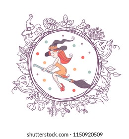 Happy Halloween. Vector illustration. The invitation to the party. A witch in a hat flying on a broom. A wreath of scary pumpkins, autumn herbs, mushrooms, berries and leaves.