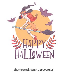 Happy Halloween. Vector illustration. The invitation to the party. On a background of yellow moon witch with hat flying on a broomstick. Around fly bats.