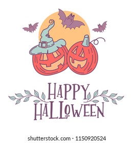Happy Halloween. Vector illustration. The invitation to the party. Two scary and funny pumpkins and bats.