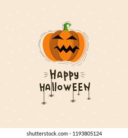 Happy Halloween vector illustration with lettering and pumpkin. Happy Halloween postcard with orange pumpkin. Vector font design. Doodle design vector. Texture. Halloween font