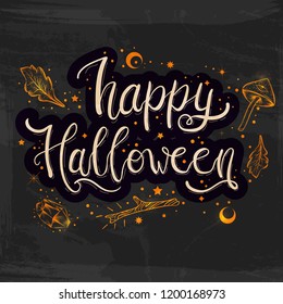 Happy halloween vector illustration with magic autumn atributes. Hand painted lettering phrase.