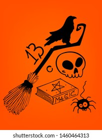 Happy halloween. Vector illustration - magic set: broom, skull, book, magic, spider, crow, 13. Hand-drawn stock illustration by ink. 