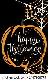 Happy halloween vector illustration with magic autumn atributes. Hand painted lettering phrase.