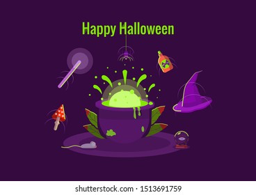 Happy Halloween vector illustration.  Magic cauldron with poison, magic wand, hat, fly-agaric, ball, mouse. Dark purple, green, orange colors.