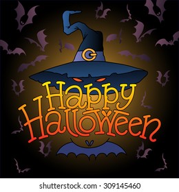 Happy Halloween Vector Illustration with Magic Hat and Bats in the Background
