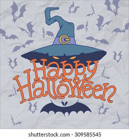 Happy Halloween Vector Illustration with Magic Hat and Bats in the Background