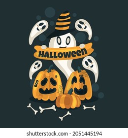 Happy Halloween. Vector illustration of a mystical holiday. Fear. An invitation to a party. Ghosts and carved pumpkins. Attributes of the Halloween holiday. trick or treat. A traditional holiday.