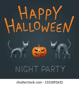 Happy Halloween - vector illustration for night party with dark cats and scary but cute orange pumpkin. Greeting flyer with isolated plastic kitten models for october holiday design of horror night.