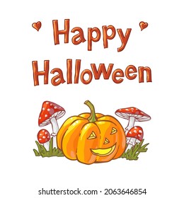 Happy Halloween. Vector illustration on white background with beautiful pumpkin and mushrooms amanita.