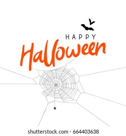 Happy Halloween. Vector illustration on white background with spider, cobweb and bats. Calligraphy and lettering. A great holiday gift card.
