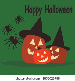 Happy halloween vector illustration. Orange pumpkin and spider postcard. Print for the feast of all saints. Greeting card, logo, banner, icon background. Scary autumn symbol