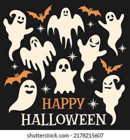 Happy Halloween vector illustration. Halloween party greeting card. Ghost and bat on a dark background. Illustration for flyer, banner, poster templates.