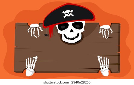 Happy Halloween vector illustration, pirate prisoner spooky skull skeleton with brown blank empty wood board on orange background. Cute monster ghost banner with copy space, Autumn holiday celebration