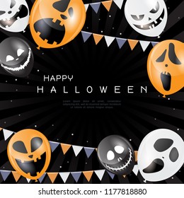 Happy Halloween vector illustration. Pumpkin Jack O Lantern facial expression. Helium Halloween Balloons. Invitation for party.