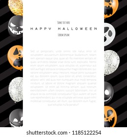 Happy Halloween vector illustration. Pumpkin Jack O Lantern facial expression. Helium Halloween Balloons. Invitation for party.