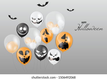 Happy Halloween vector illustration. Pumpkin Jack O Lantern facial expression. Helium Halloween Balloons. Invitation for party.