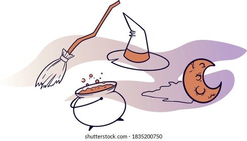 Happy Halloween. Vector illustration Pumpkin doodle on orange purple and white background. Helloween lettering. Design for wrapping paper, paper packaging, textile, party invitation, greeting card. 
