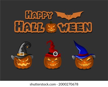 ilustración portadora de halloween feliz, decoración de cabeza de calabaza con sombrero de bruja, plantilla de halloween, tarjeta temática de halloween aislada en fondo negro