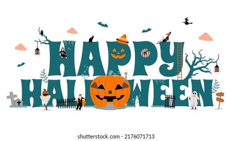 Happy Halloween vector illustration. Pumpkin house with costume kids.