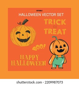 Happy Halloween Vector illustration, Pumpkin, pumpkin face, trick or treat typography lettering, happy halloween typography lettering, boo typography lettering