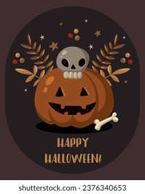 Feliz Halloween. Ilustración vectorial de la calabaza de Halloween, hojas, calavera