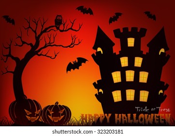 Happy Halloween vector illustration with pumpkin, bat, castle, tree and cemetery